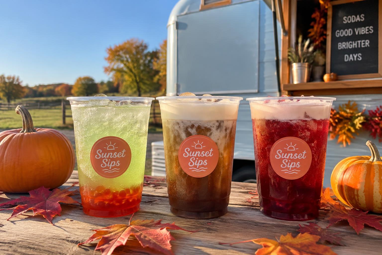 Three Sunset Sips fall dirty sodas beside pumpkins and autumn leaves